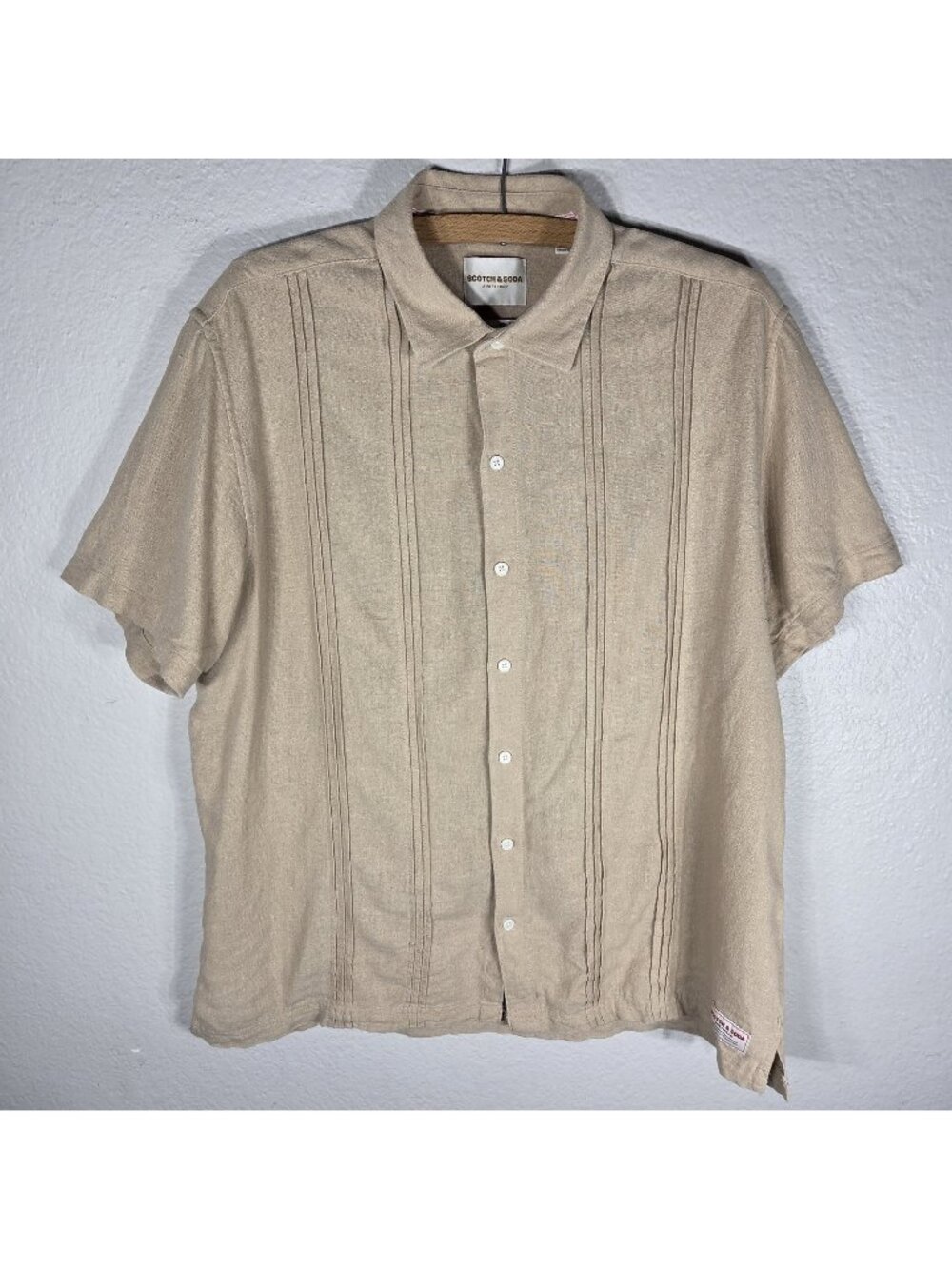 Scotch & Soda Tan Linen Button Front Shirt Men's Short Sleeve Size L Pleated